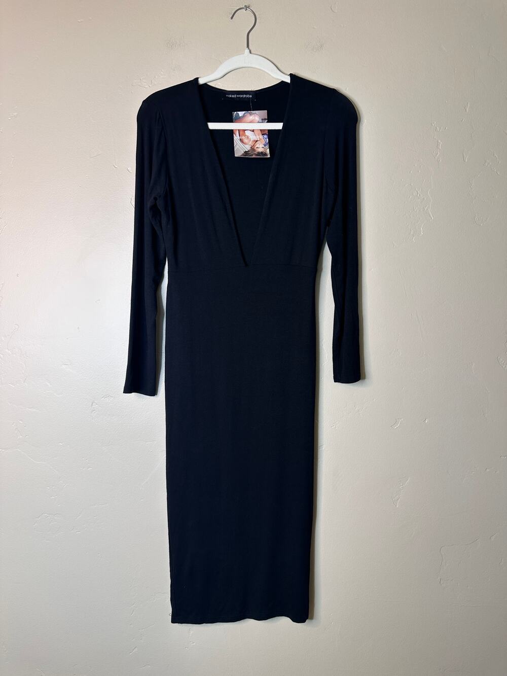 NWT Naked Wardrobe Snatched Black Long Sleeve Deep V Midi Fitted Dress Large